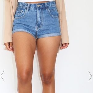 Mid Blue Wash Turned Up Hem Mom Denim Shorts